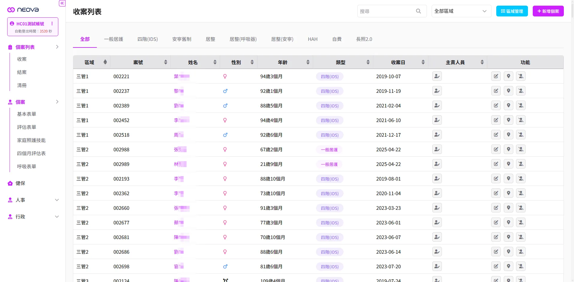 neoCare HC 居家護理系統個案管理畫面